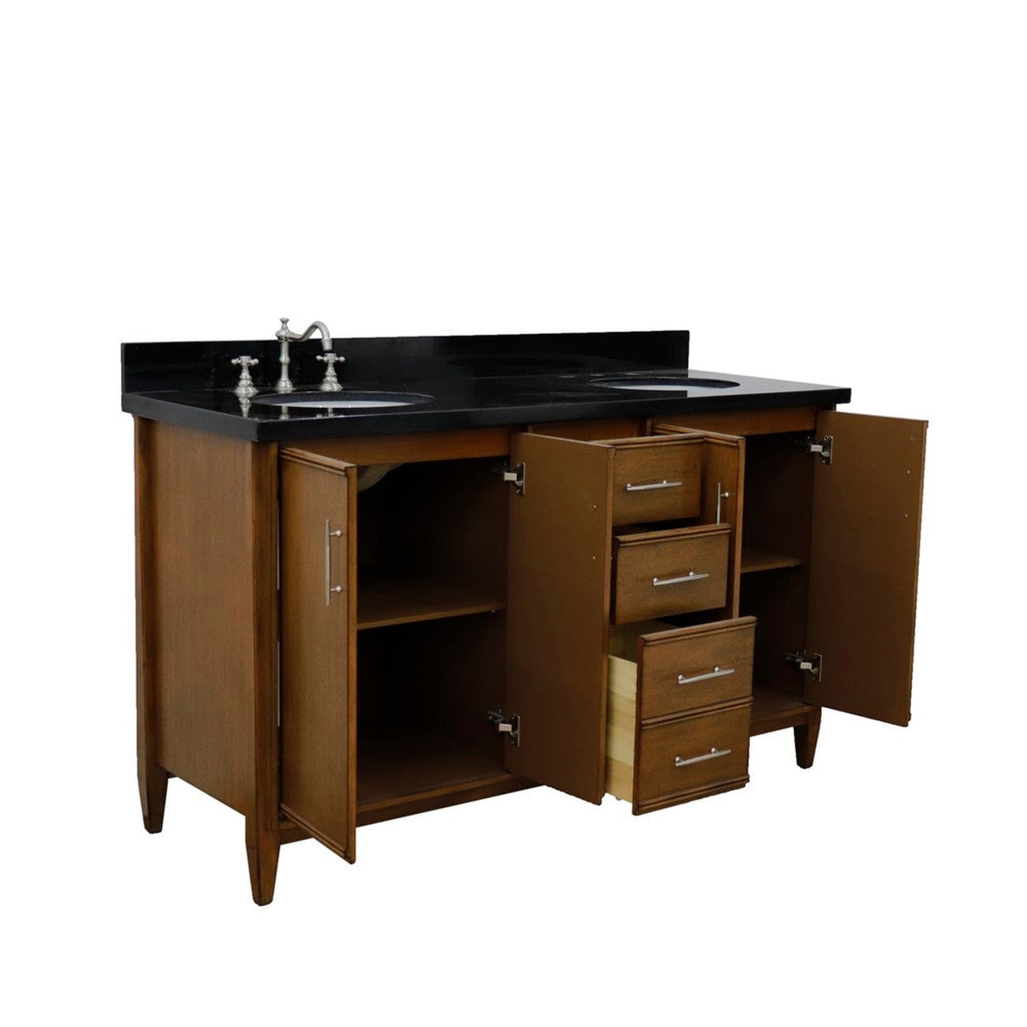 Bellaterra Home MCM 61" 4-Door 3-Drawer Walnut Freestanding Vanity Set With Ceramic Double Undermount Oval Sink and Black Galaxy Granite Top