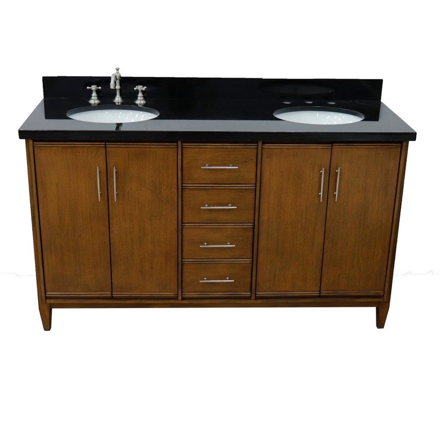 Bellaterra Home MCM 61" 4-Door 3-Drawer Walnut Freestanding Vanity Set With Ceramic Double Undermount Oval Sink and Black Galaxy Granite Top