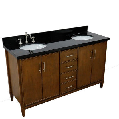 Bellaterra Home MCM 61" 4-Door 3-Drawer Walnut Freestanding Vanity Set With Ceramic Double Undermount Oval Sink and Black Galaxy Granite Top