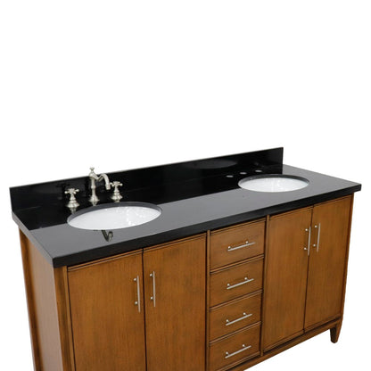 Bellaterra Home MCM 61" 4-Door 3-Drawer Walnut Freestanding Vanity Set With Ceramic Double Undermount Oval Sink and Black Galaxy Granite Top