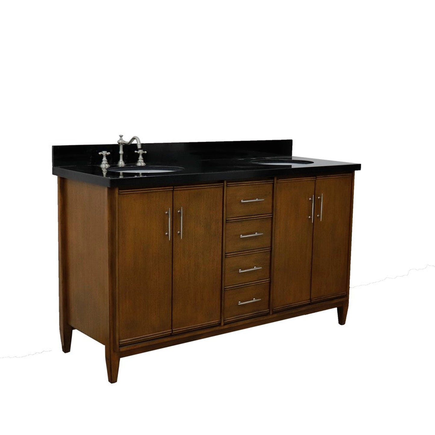 Bellaterra Home MCM 61" 4-Door 3-Drawer Walnut Freestanding Vanity Set With Ceramic Double Undermount Oval Sink and Black Galaxy Granite Top