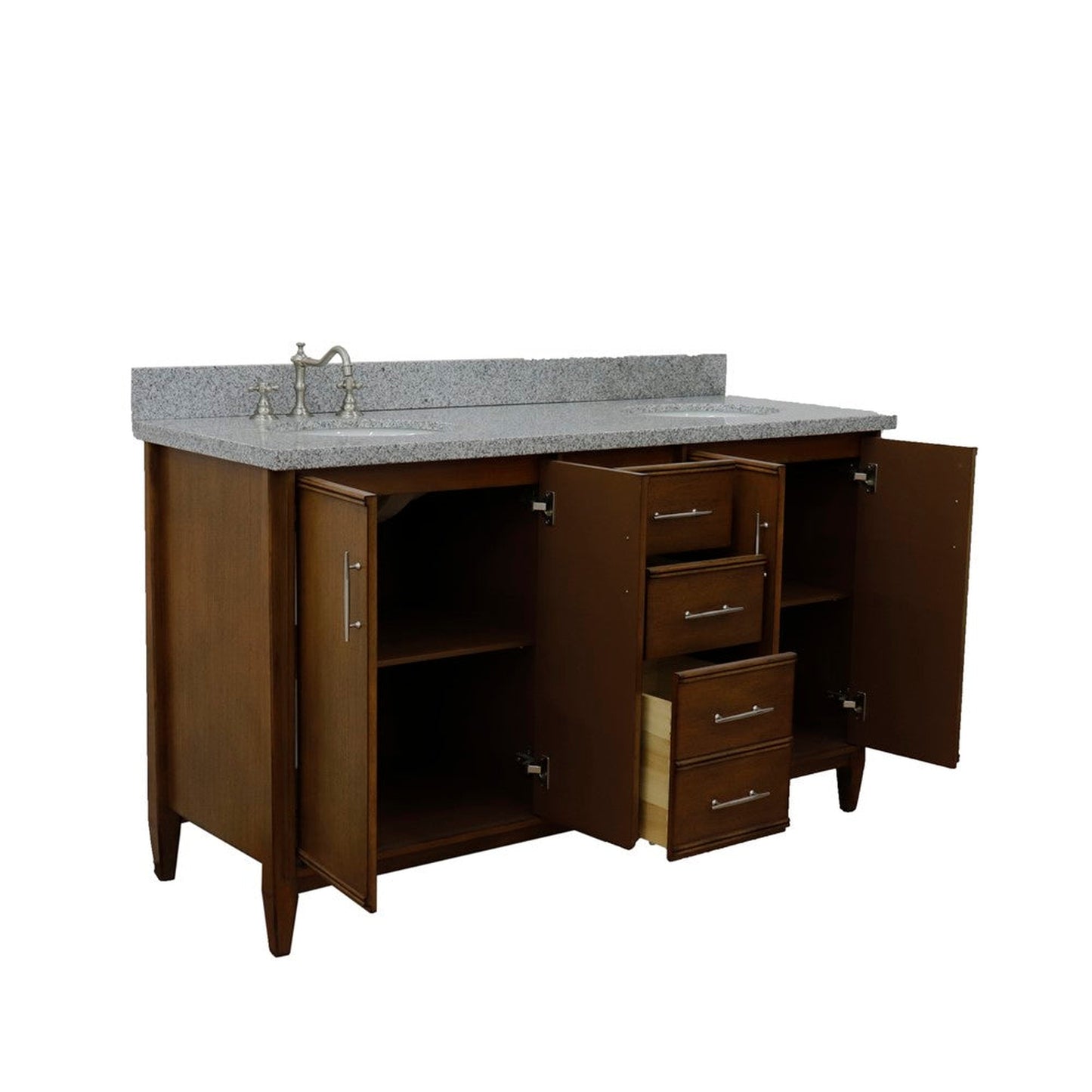 Bellaterra Home MCM 61" 4-Door 3-Drawer Walnut Freestanding Vanity Set With Ceramic Double Undermount Oval Sink and Gray Granite Top