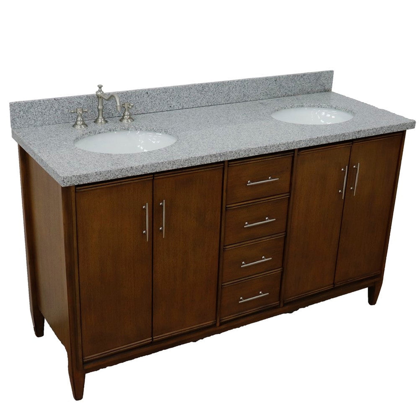 Bellaterra Home MCM 61" 4-Door 3-Drawer Walnut Freestanding Vanity Set With Ceramic Double Undermount Oval Sink and Gray Granite Top