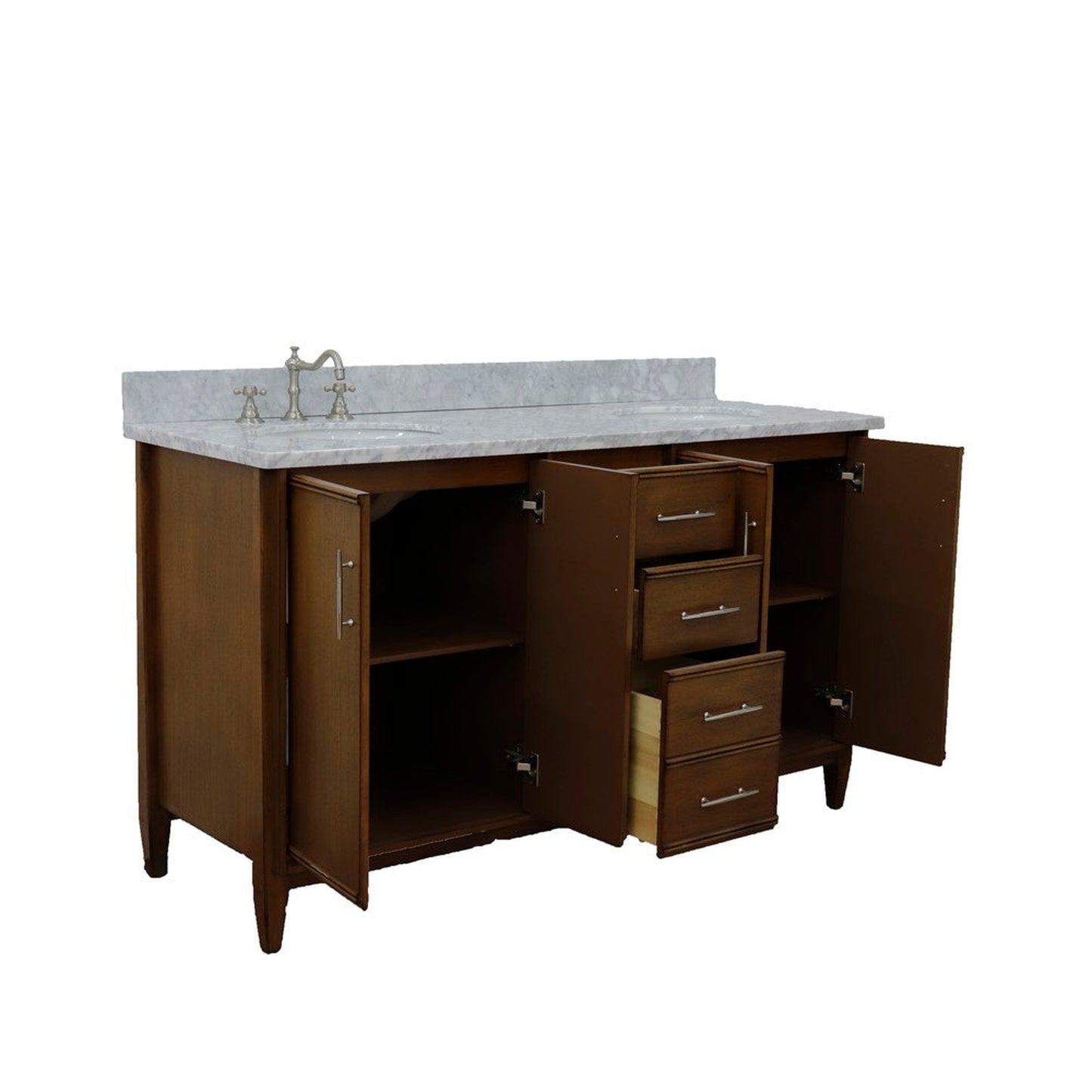 Bellaterra Home MCM 61" 4-Door 3-Drawer Walnut Freestanding Vanity Set With Ceramic Double Undermount Oval Sink and White Carrara Marble Top