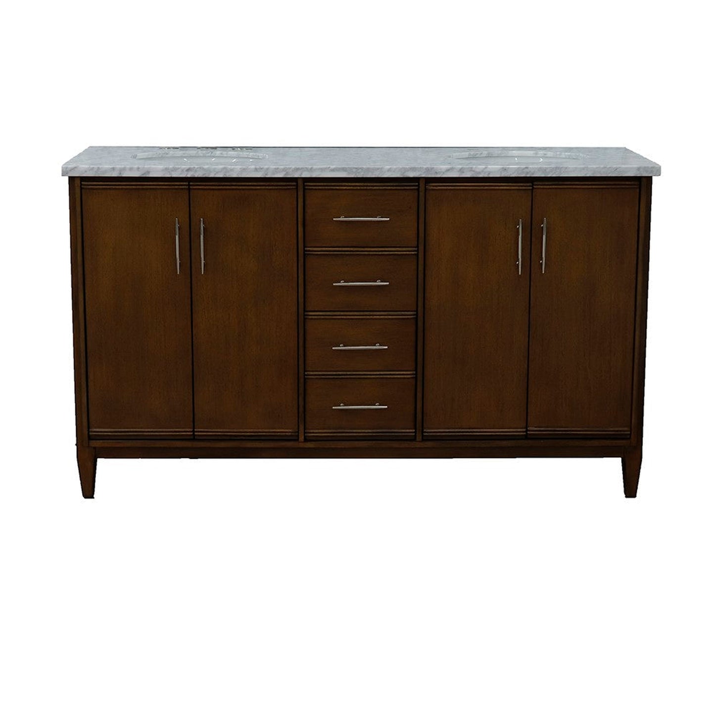 Bellaterra Home MCM 61" 4-Door 3-Drawer Walnut Freestanding Vanity Set With Ceramic Double Undermount Oval Sink and White Carrara Marble Top