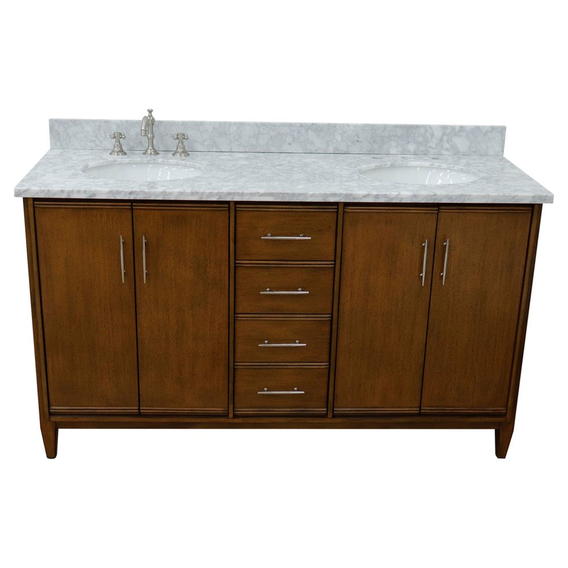 Bellaterra Home MCM 61" 4-Door 3-Drawer Walnut Freestanding Vanity Set With Ceramic Double Undermount Oval Sink and White Carrara Marble Top