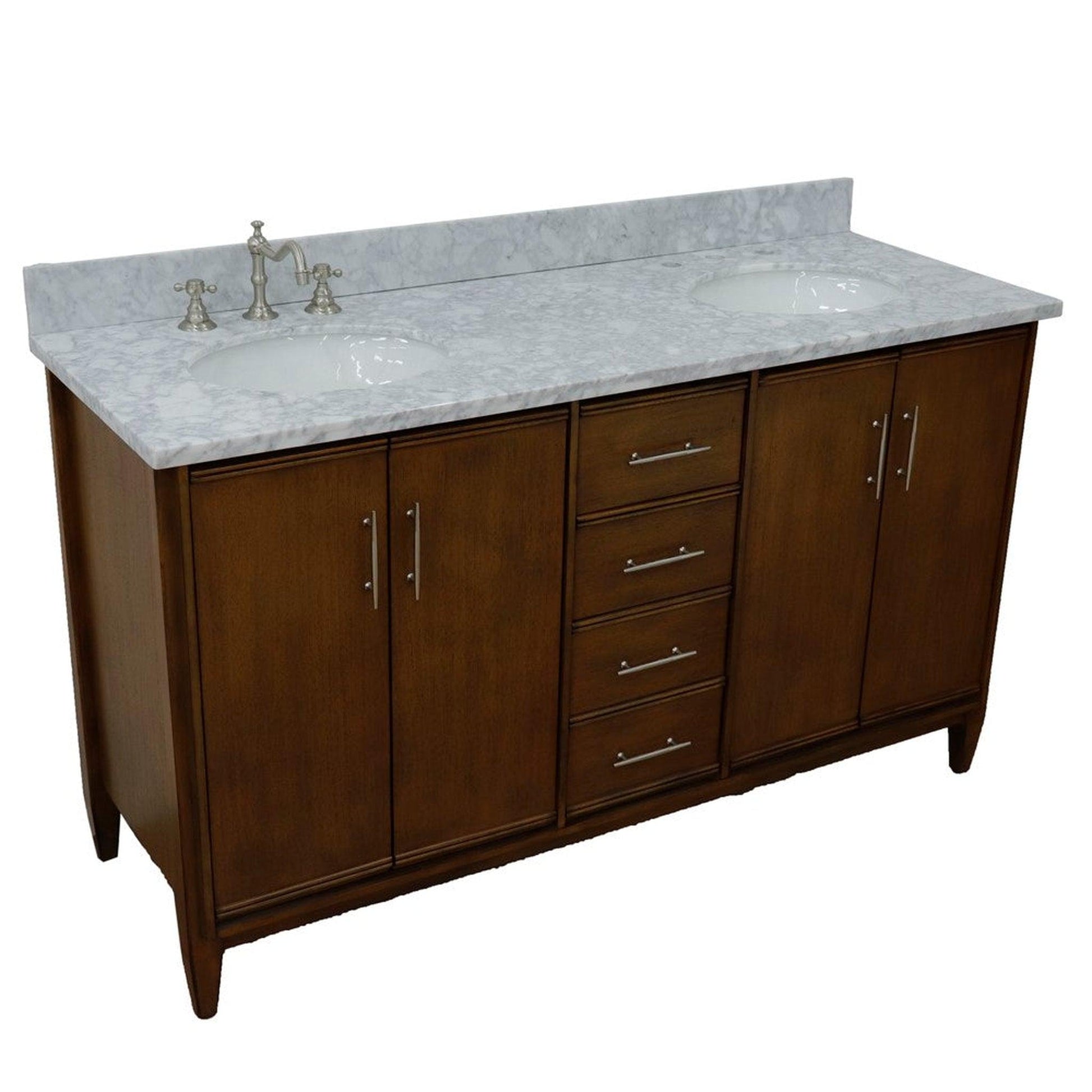 Bellaterra Home MCM 61" 4-Door 3-Drawer Walnut Freestanding Vanity Set With Ceramic Double Undermount Oval Sink and White Carrara Marble Top