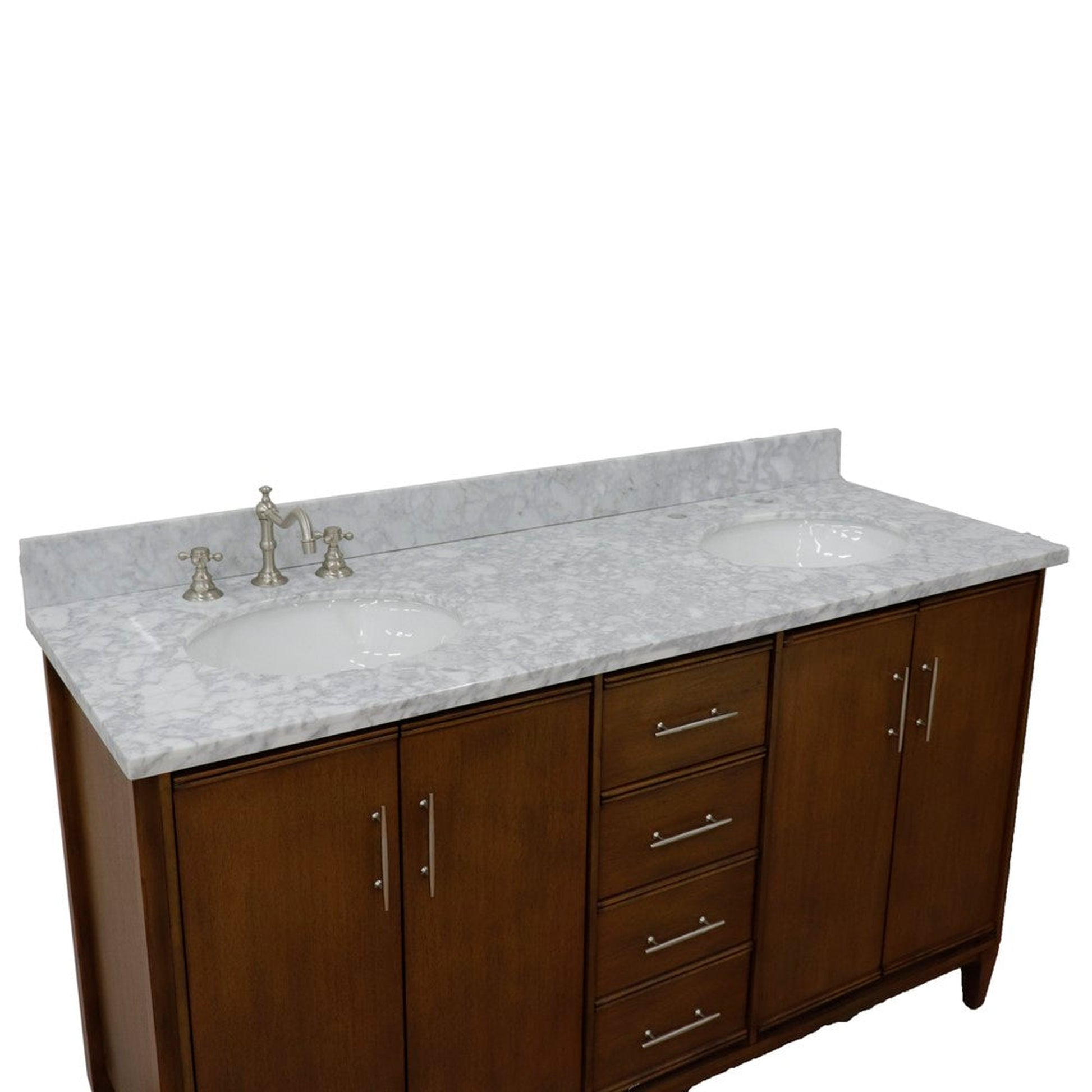 Bellaterra Home MCM 61" 4-Door 3-Drawer Walnut Freestanding Vanity Set With Ceramic Double Undermount Oval Sink and White Carrara Marble Top