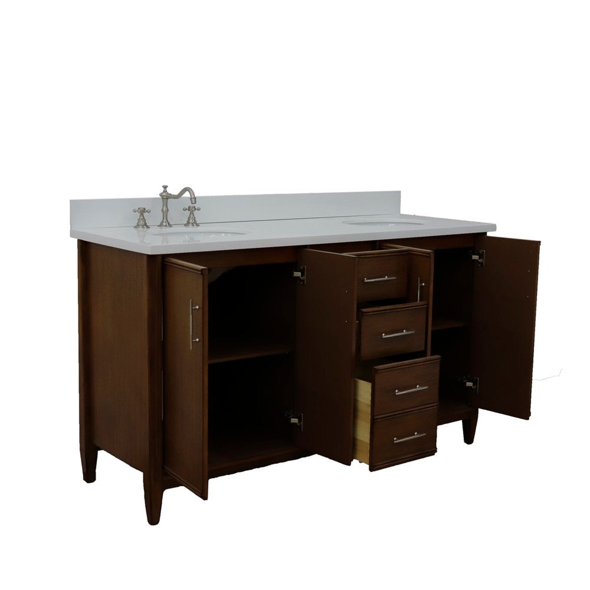 Bellaterra Home MCM 61" 4-Door 3-Drawer Walnut Freestanding Vanity Set With Ceramic Double Undermount Oval Sink and White Quartz Top