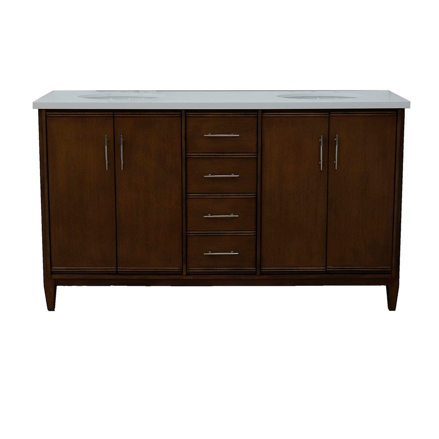 Bellaterra Home MCM 61" 4-Door 3-Drawer Walnut Freestanding Vanity Set With Ceramic Double Undermount Oval Sink and White Quartz Top