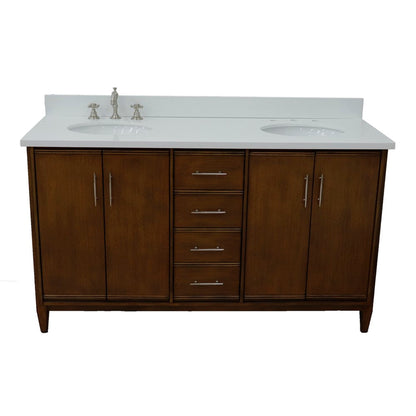 Bellaterra Home MCM 61" 4-Door 3-Drawer Walnut Freestanding Vanity Set With Ceramic Double Undermount Oval Sink and White Quartz Top