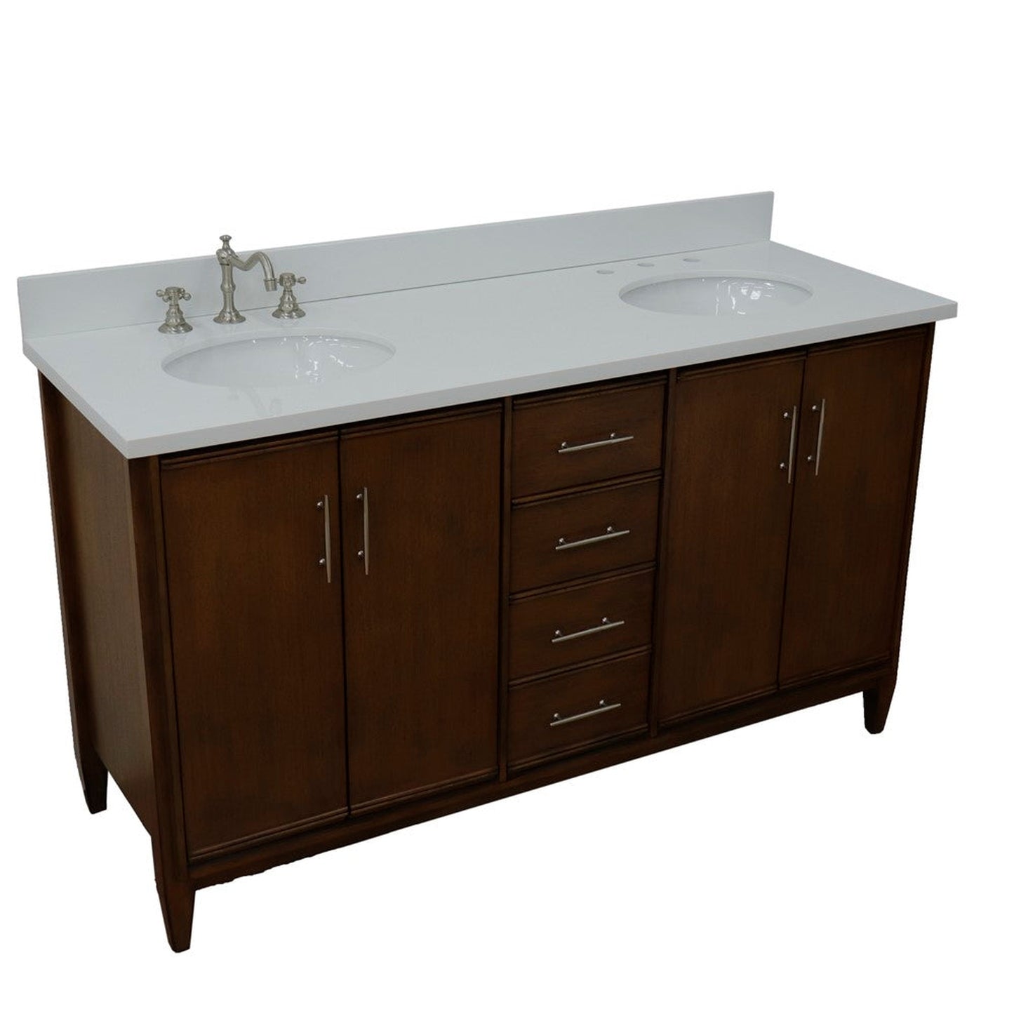 Bellaterra Home MCM 61" 4-Door 3-Drawer Walnut Freestanding Vanity Set With Ceramic Double Undermount Oval Sink and White Quartz Top