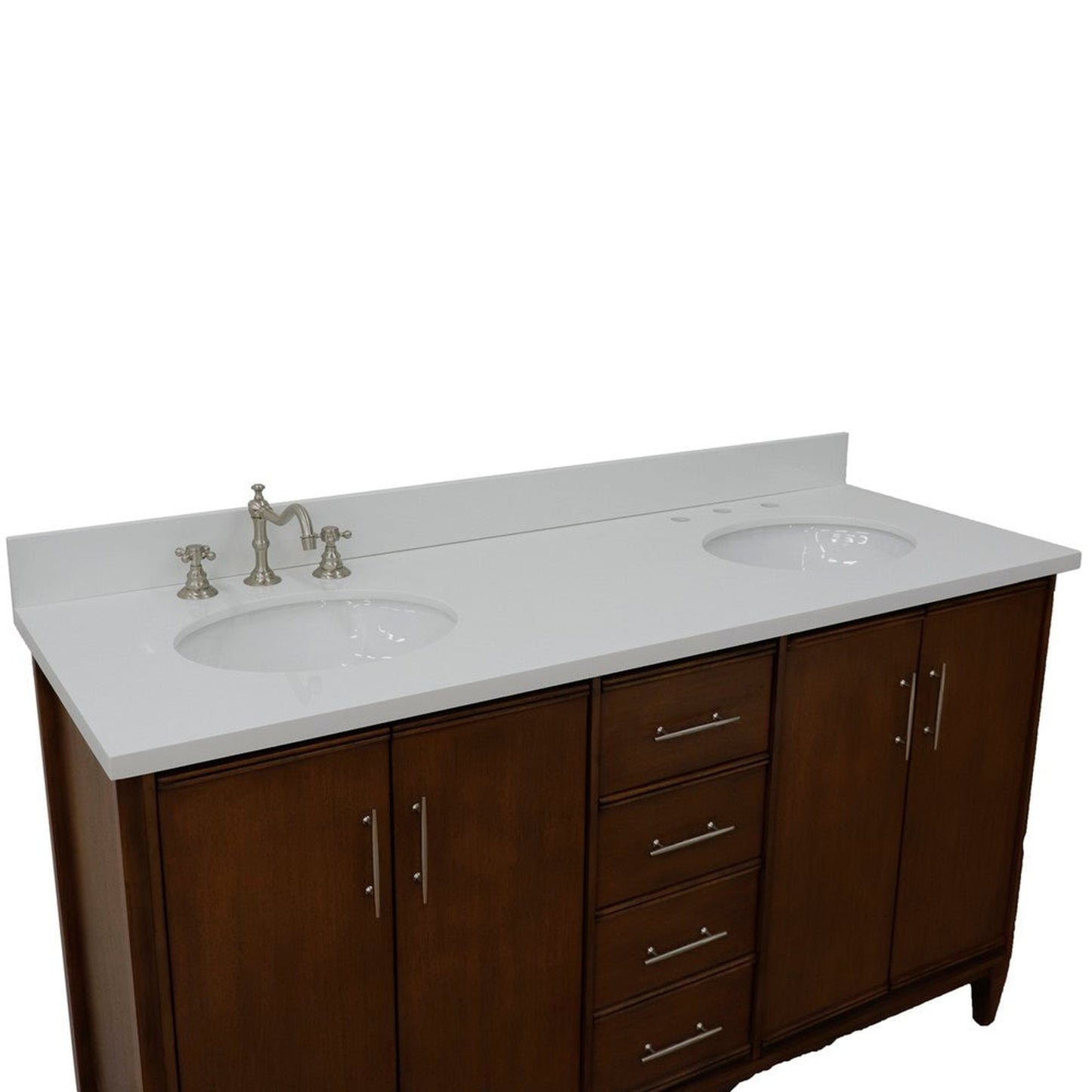 Bellaterra Home MCM 61" 4-Door 3-Drawer Walnut Freestanding Vanity Set With Ceramic Double Undermount Oval Sink and White Quartz Top