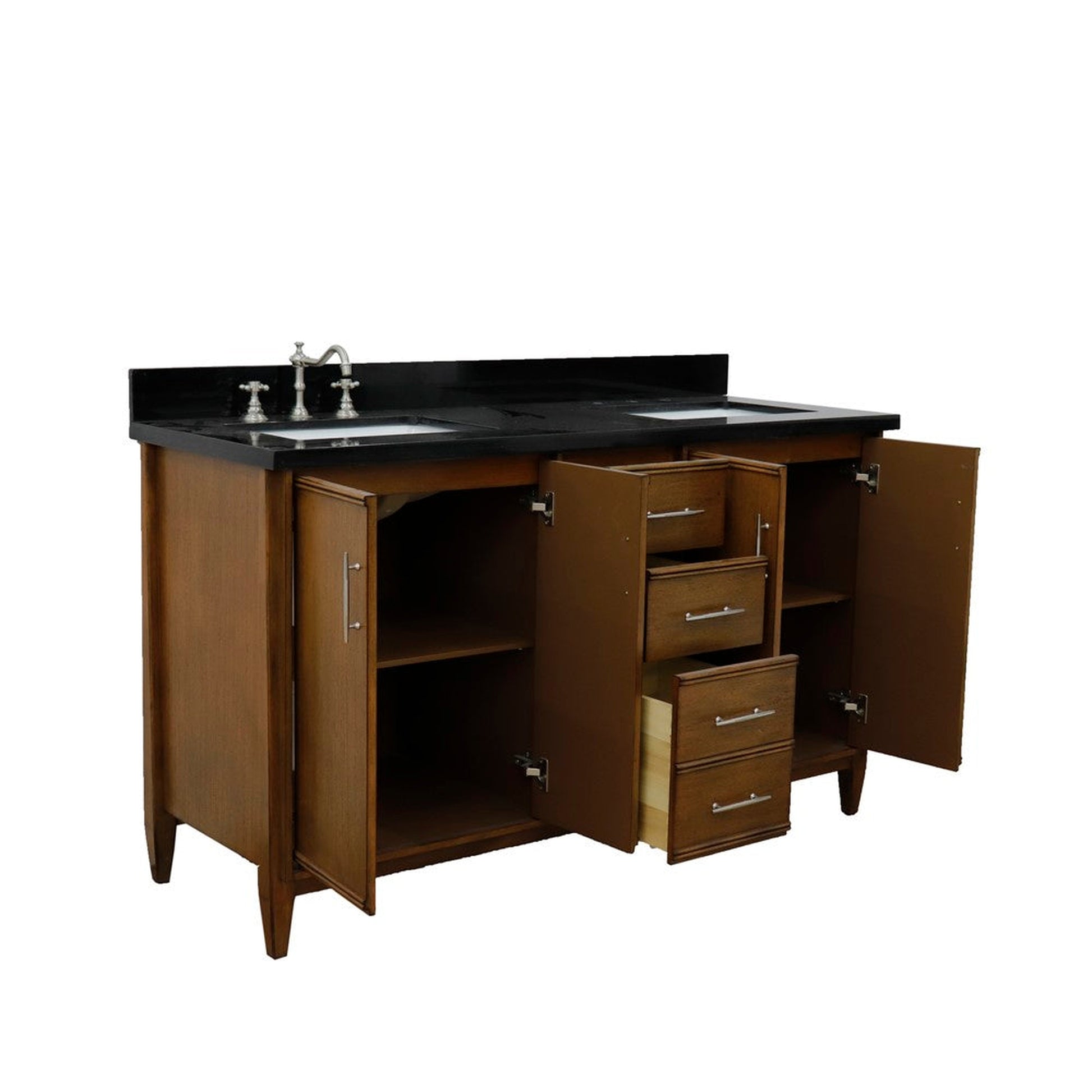 Bellaterra Home MCM 61" 4-Door 3-Drawer Walnut Freestanding Vanity Set With Ceramic Double Undermount Rectangular Sink and Black Galaxy Granite Top