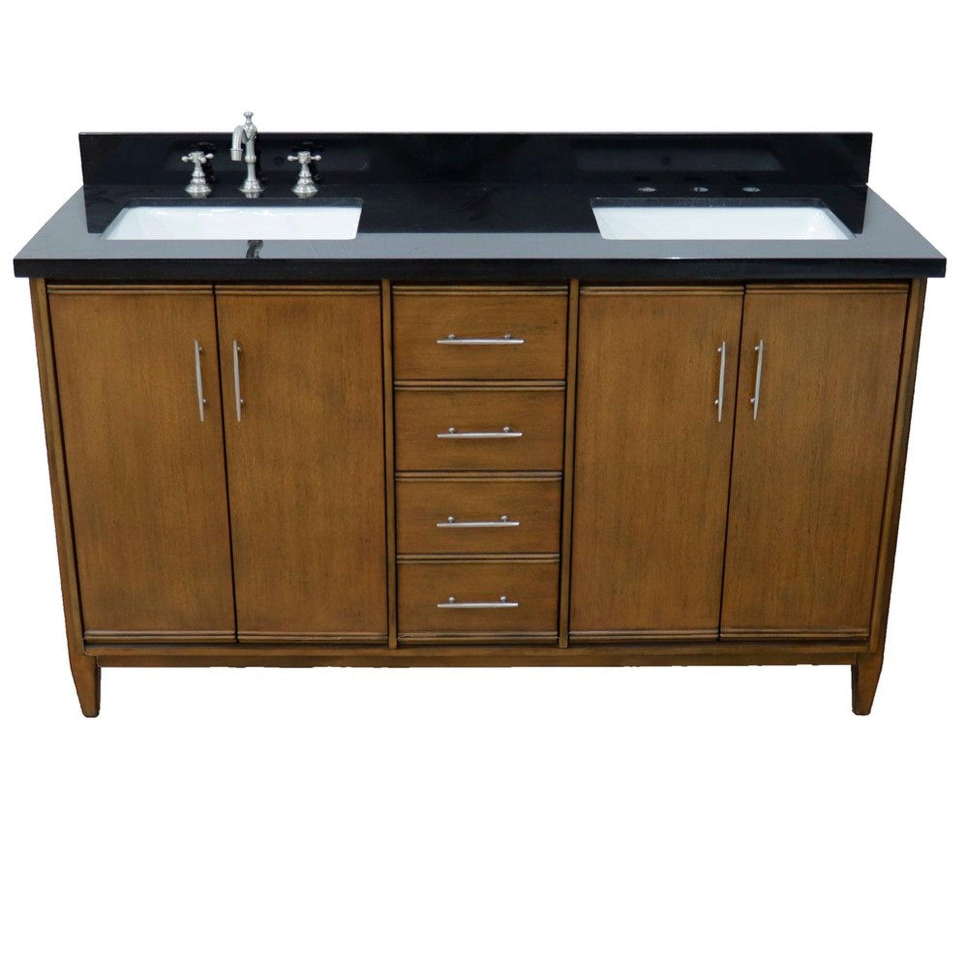 Bellaterra Home MCM 61" 4-Door 3-Drawer Walnut Freestanding Vanity Set With Ceramic Double Undermount Rectangular Sink and Black Galaxy Granite Top