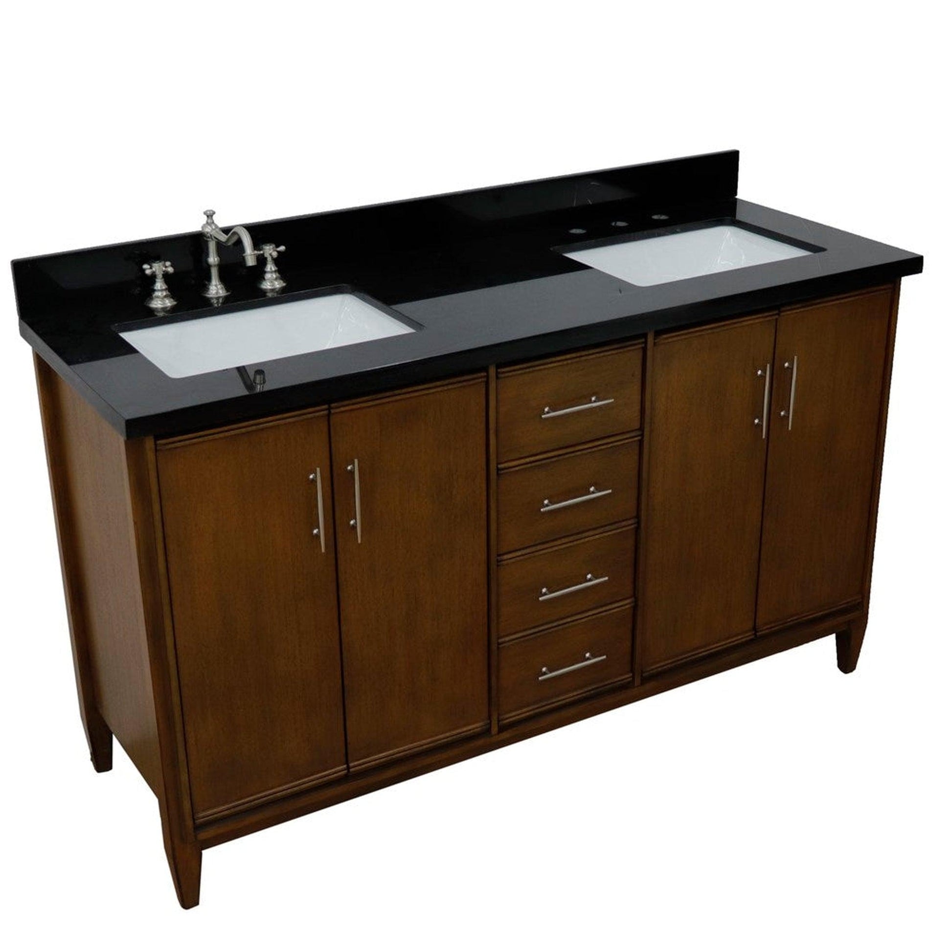 Bellaterra Home MCM 61" 4-Door 3-Drawer Walnut Freestanding Vanity Set With Ceramic Double Undermount Rectangular Sink and Black Galaxy Granite Top