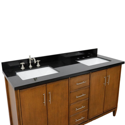 Bellaterra Home MCM 61" 4-Door 3-Drawer Walnut Freestanding Vanity Set With Ceramic Double Undermount Rectangular Sink and Black Galaxy Granite Top