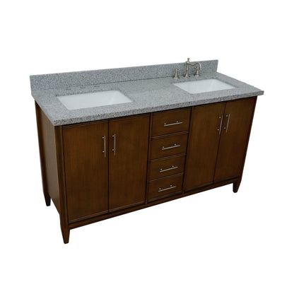 Bellaterra Home MCM 61" 4-Door 3-Drawer Walnut Freestanding Vanity Set With Ceramic Double Undermount Rectangular Sink and Gray Granite Top