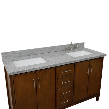Bellaterra Home MCM 61" 4-Door 3-Drawer Walnut Freestanding Vanity Set With Ceramic Double Undermount Rectangular Sink and Gray Granite Top