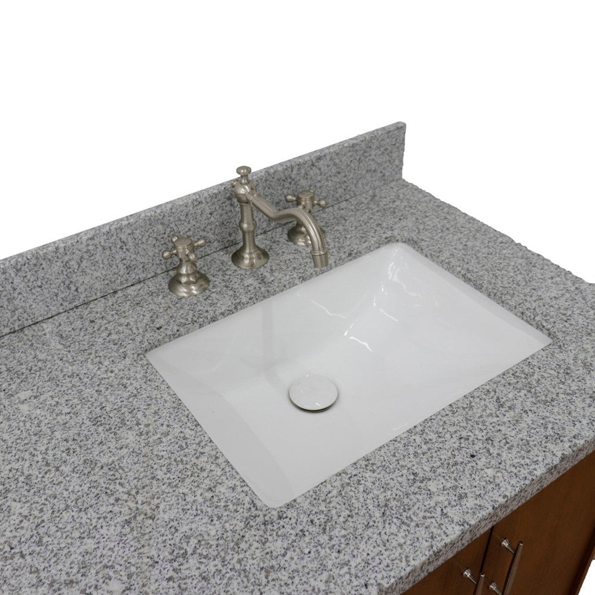 Bellaterra Home MCM 61" 4-Door 3-Drawer Walnut Freestanding Vanity Set With Ceramic Double Undermount Rectangular Sink and Gray Granite Top