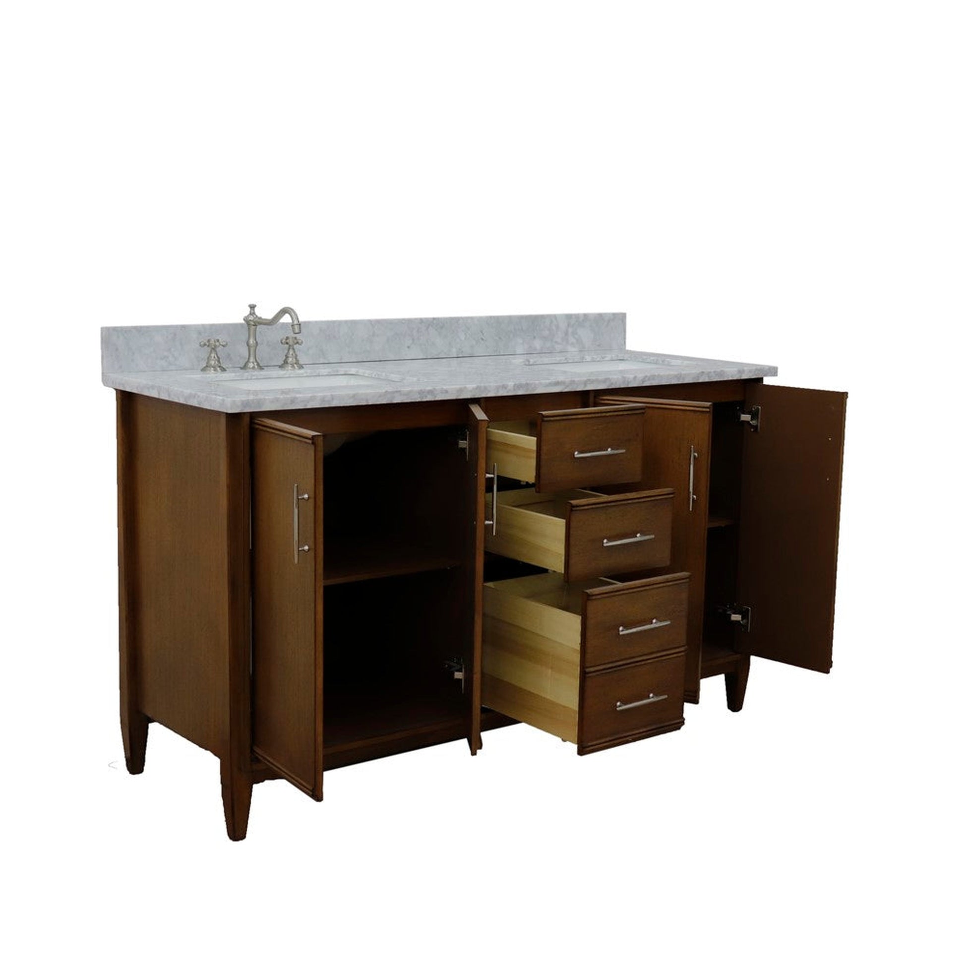 Bellaterra Home MCM 61" 4-Door 3-Drawer Walnut Freestanding Vanity Set With Ceramic Double Undermount Rectangular Sink and White Carrara Marble Top