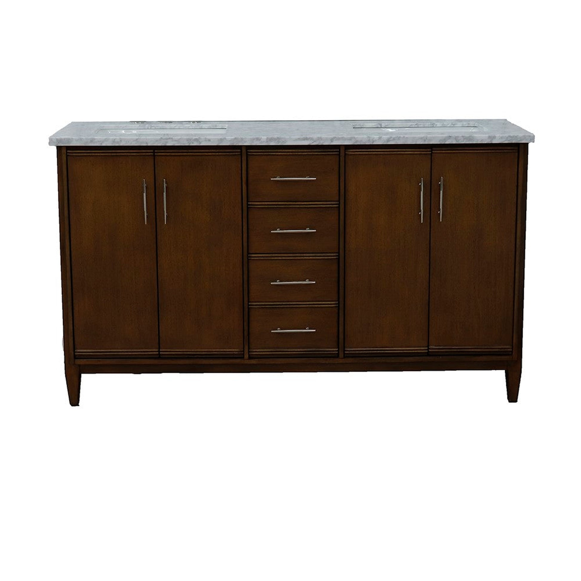 Bellaterra Home MCM 61" 4-Door 3-Drawer Walnut Freestanding Vanity Set With Ceramic Double Undermount Rectangular Sink and White Carrara Marble Top