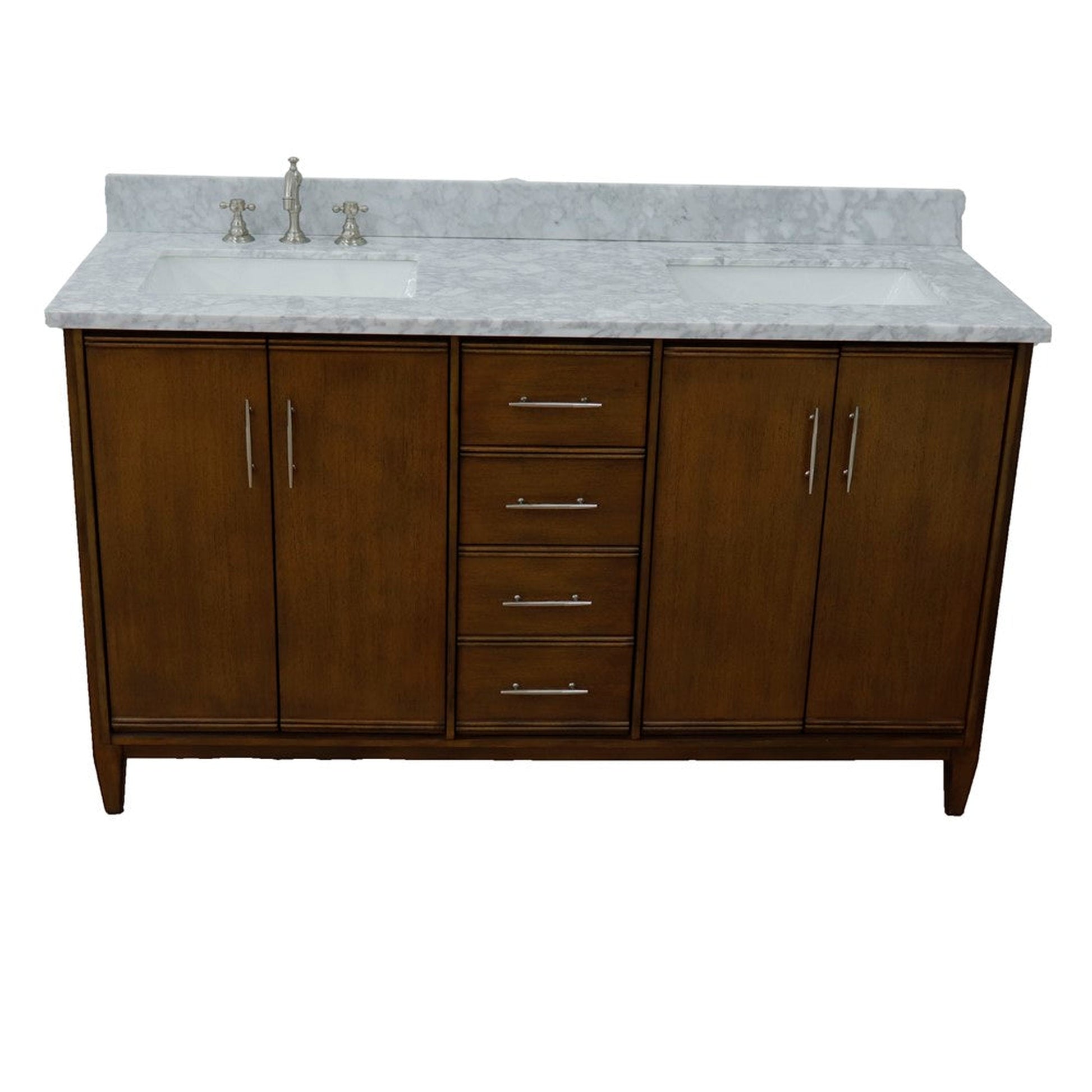 Bellaterra Home MCM 61" 4-Door 3-Drawer Walnut Freestanding Vanity Set With Ceramic Double Undermount Rectangular Sink and White Carrara Marble Top