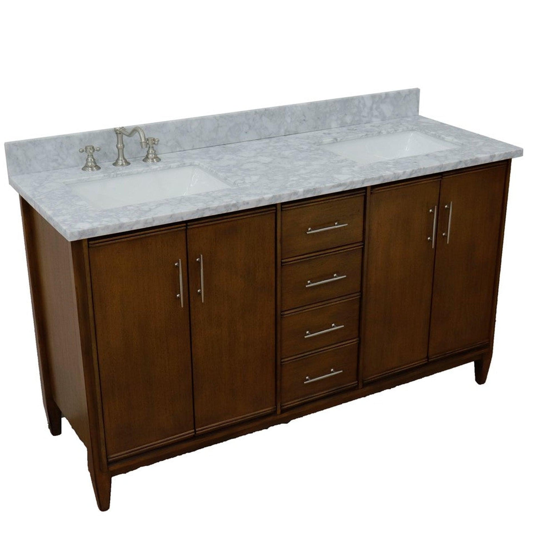 Bellaterra Home MCM 61" 4-Door 3-Drawer Walnut Freestanding Vanity Set With Ceramic Double Undermount Rectangular Sink and White Carrara Marble Top