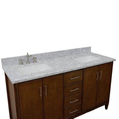 Bellaterra Home MCM 61" 4-Door 3-Drawer Walnut Freestanding Vanity Set With Ceramic Double Undermount Rectangular Sink and White Carrara Marble Top