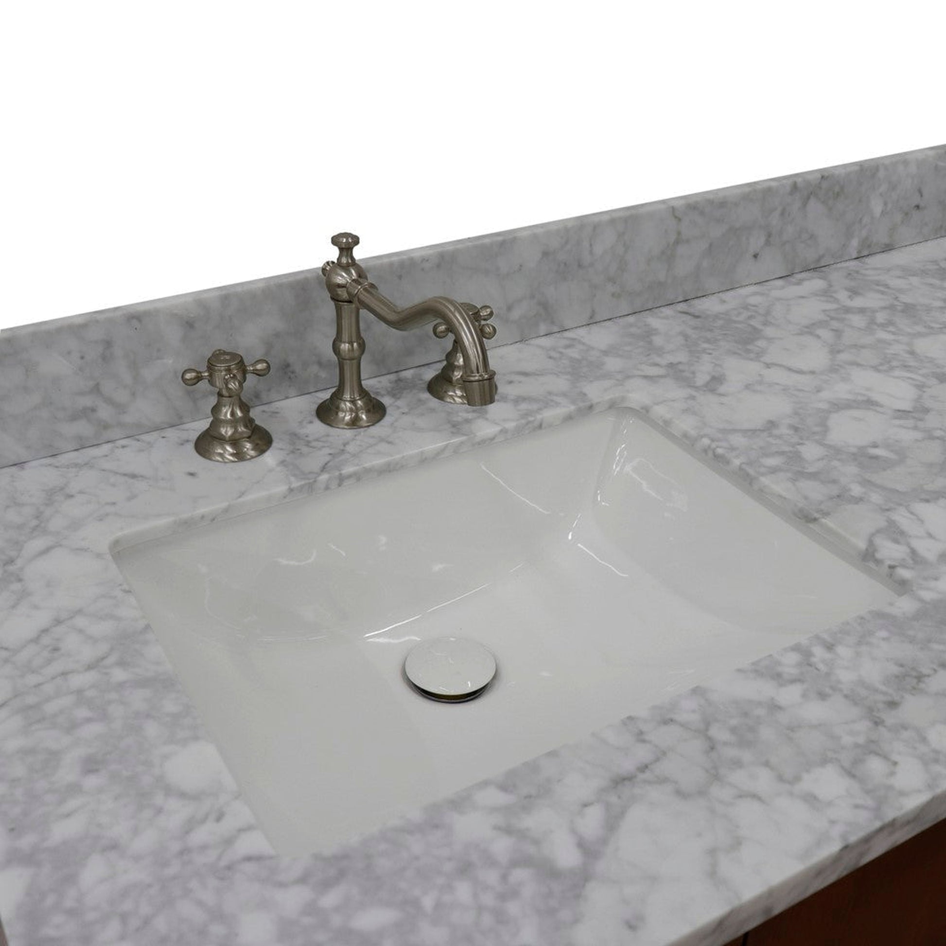 Bellaterra Home MCM 61" 4-Door 3-Drawer Walnut Freestanding Vanity Set With Ceramic Double Undermount Rectangular Sink and White Carrara Marble Top