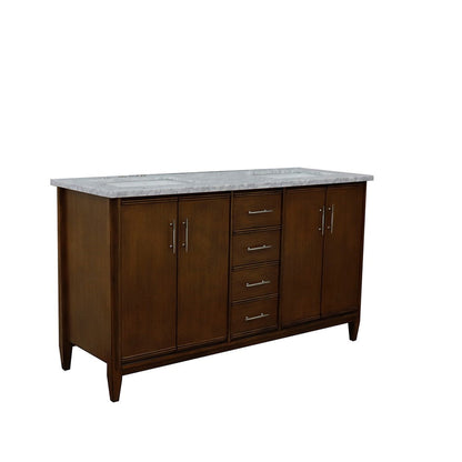 Bellaterra Home MCM 61" 4-Door 3-Drawer Walnut Freestanding Vanity Set With Ceramic Double Undermount Rectangular Sink and White Carrara Marble Top