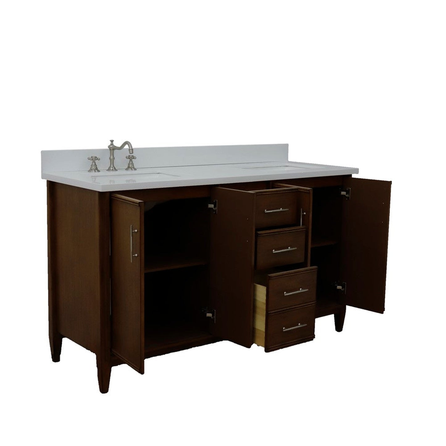 Bellaterra Home MCM 61" 4-Door 3-Drawer Walnut Freestanding Vanity Set With Ceramic Double Undermount Rectangular Sink and White Quartz Top