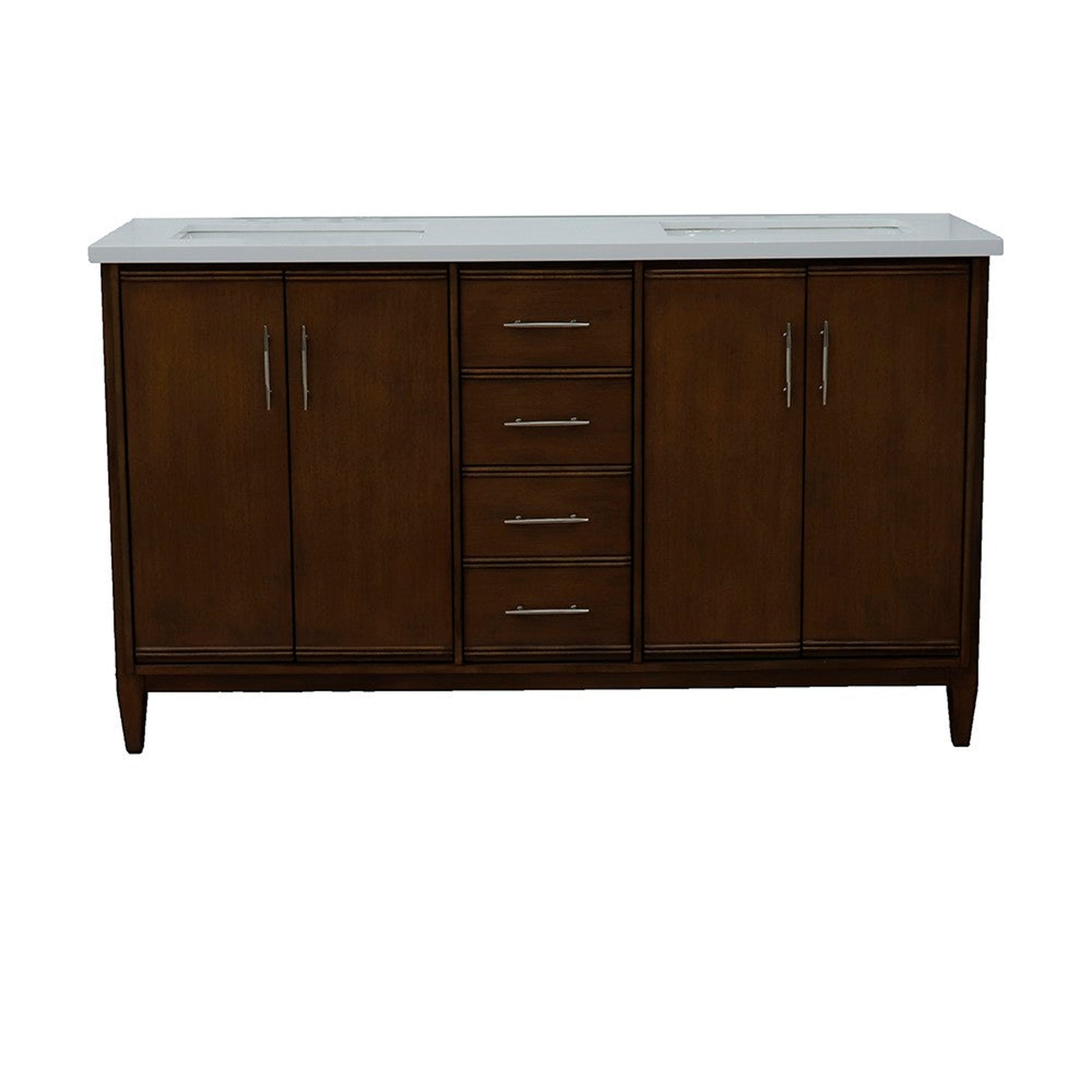 Bellaterra Home MCM 61" 4-Door 3-Drawer Walnut Freestanding Vanity Set With Ceramic Double Undermount Rectangular Sink and White Quartz Top