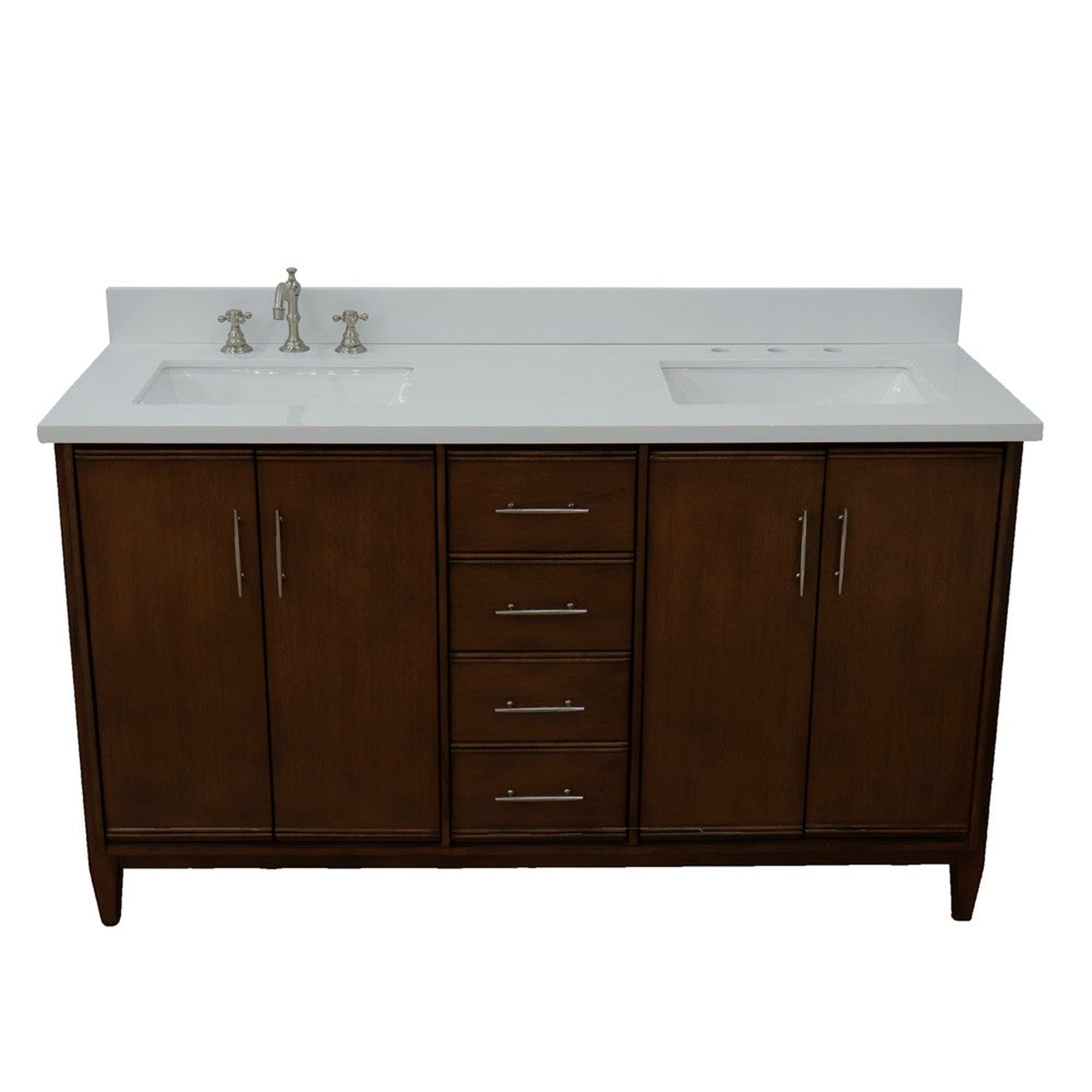 Bellaterra Home MCM 61" 4-Door 3-Drawer Walnut Freestanding Vanity Set With Ceramic Double Undermount Rectangular Sink and White Quartz Top