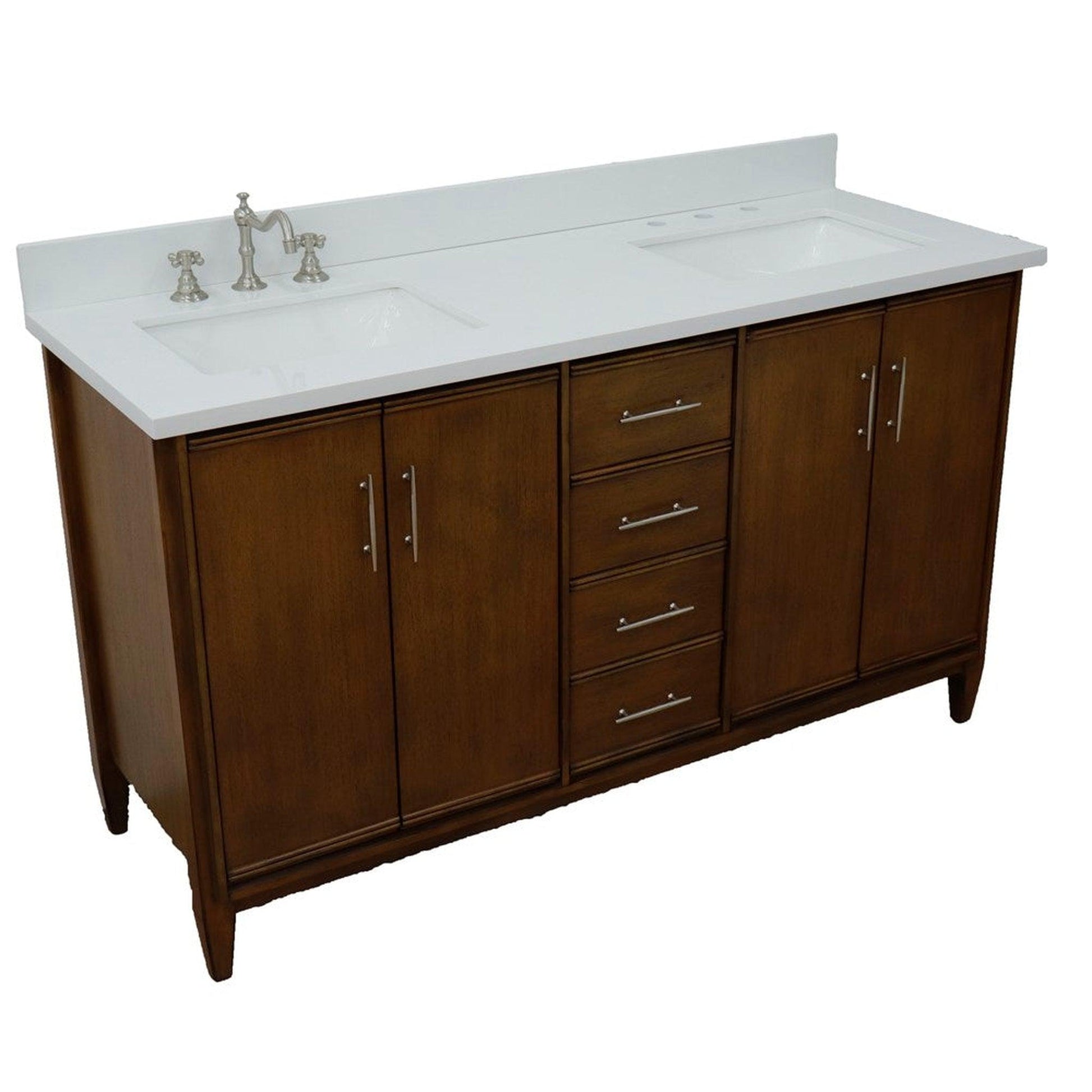 Bellaterra Home MCM 61" 4-Door 3-Drawer Walnut Freestanding Vanity Set With Ceramic Double Undermount Rectangular Sink and White Quartz Top