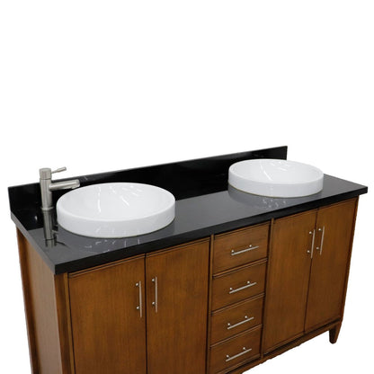 Bellaterra Home MCM 61" 4-Door 3-Drawer Walnut Freestanding Vanity Set With Ceramic Double Vessel Sink and Black Galaxy Granite Top