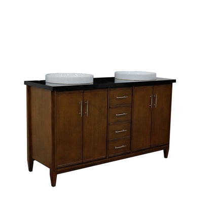 Bellaterra Home MCM 61" 4-Door 3-Drawer Walnut Freestanding Vanity Set With Ceramic Double Vessel Sink and Black Galaxy Granite Top