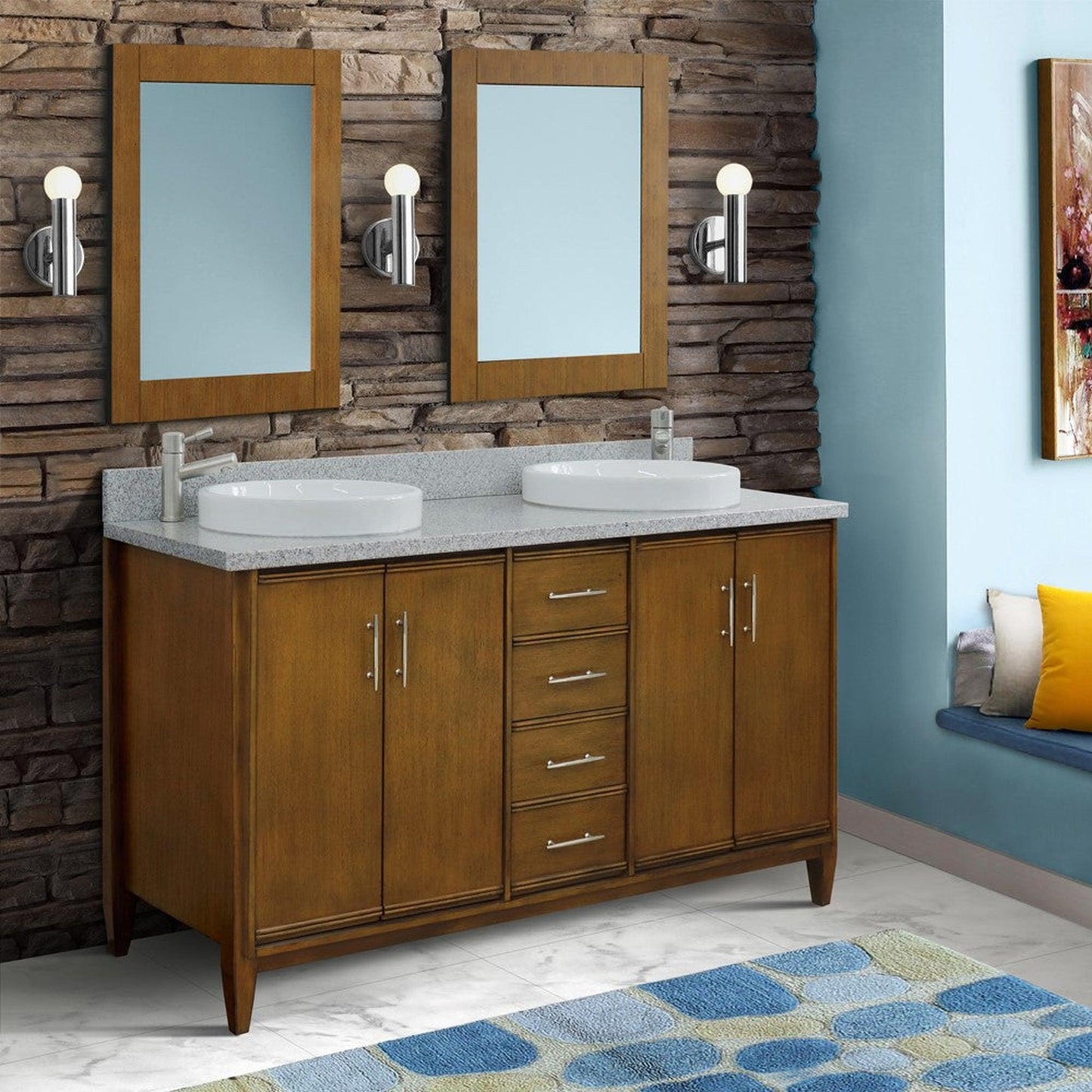 Bellaterra Home MCM 61" 4-Door 3-Drawer Walnut Freestanding Vanity Set With Ceramic Double Vessel Sink and Gray Granite Top