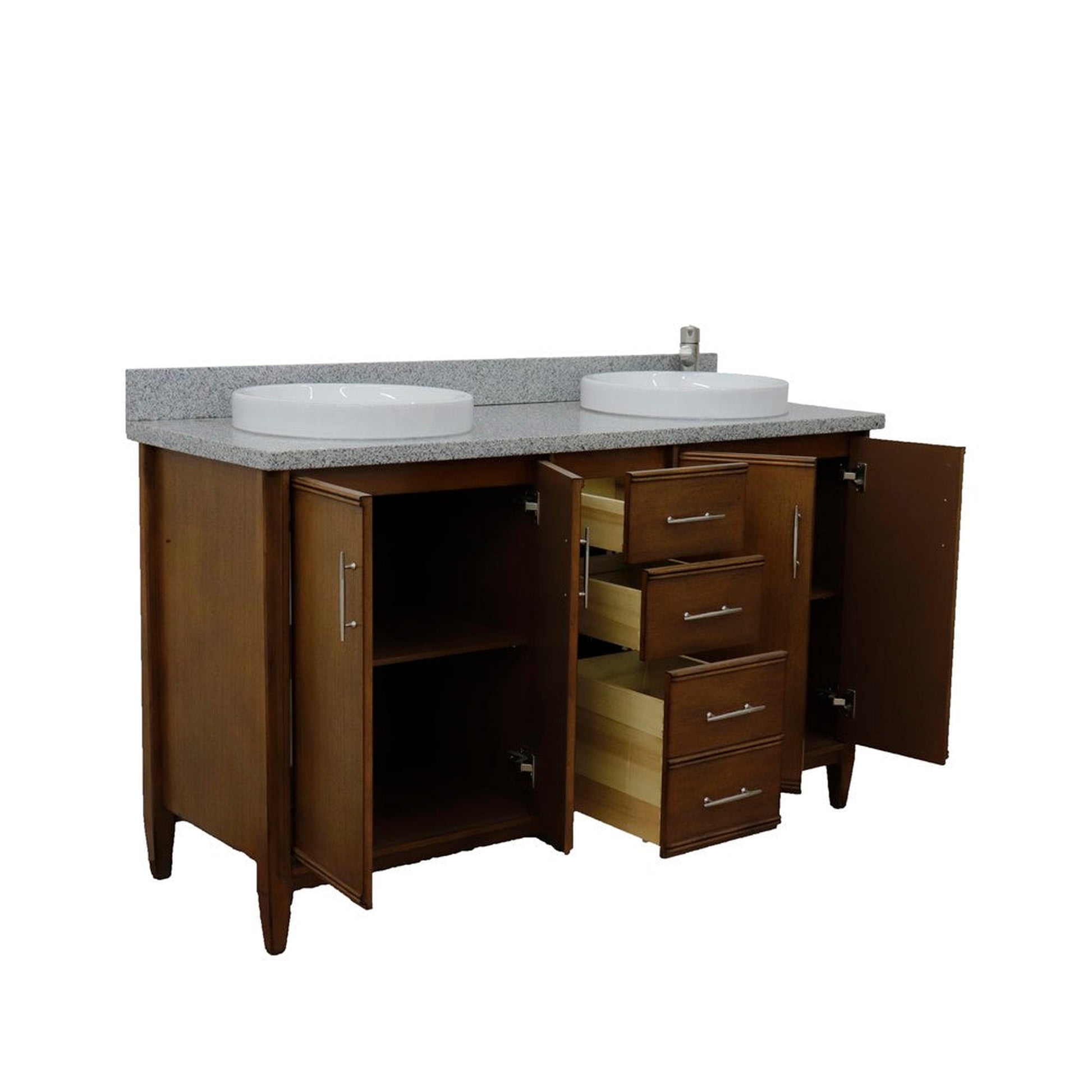 Bellaterra Home MCM 61" 4-Door 3-Drawer Walnut Freestanding Vanity Set With Ceramic Double Vessel Sink and Gray Granite Top