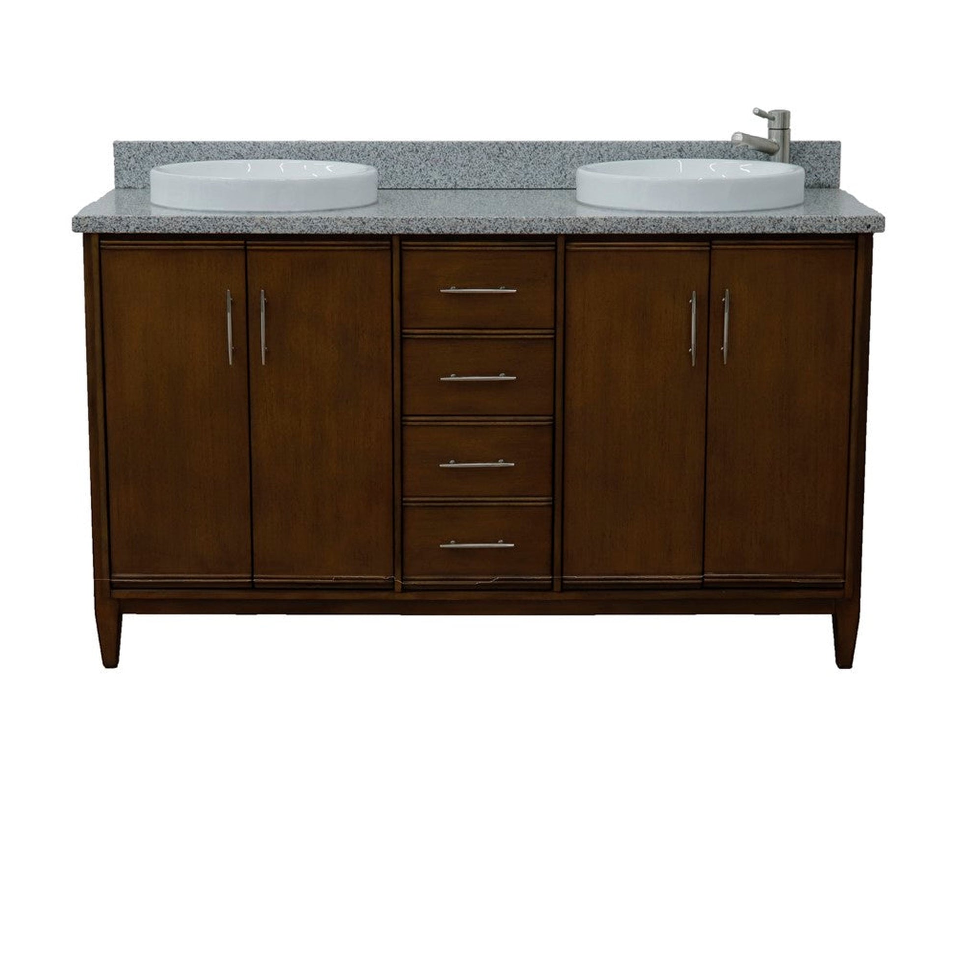 Bellaterra Home MCM 61" 4-Door 3-Drawer Walnut Freestanding Vanity Set With Ceramic Double Vessel Sink and Gray Granite Top