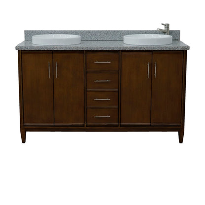 Bellaterra Home MCM 61" 4-Door 3-Drawer Walnut Freestanding Vanity Set With Ceramic Double Vessel Sink and Gray Granite Top