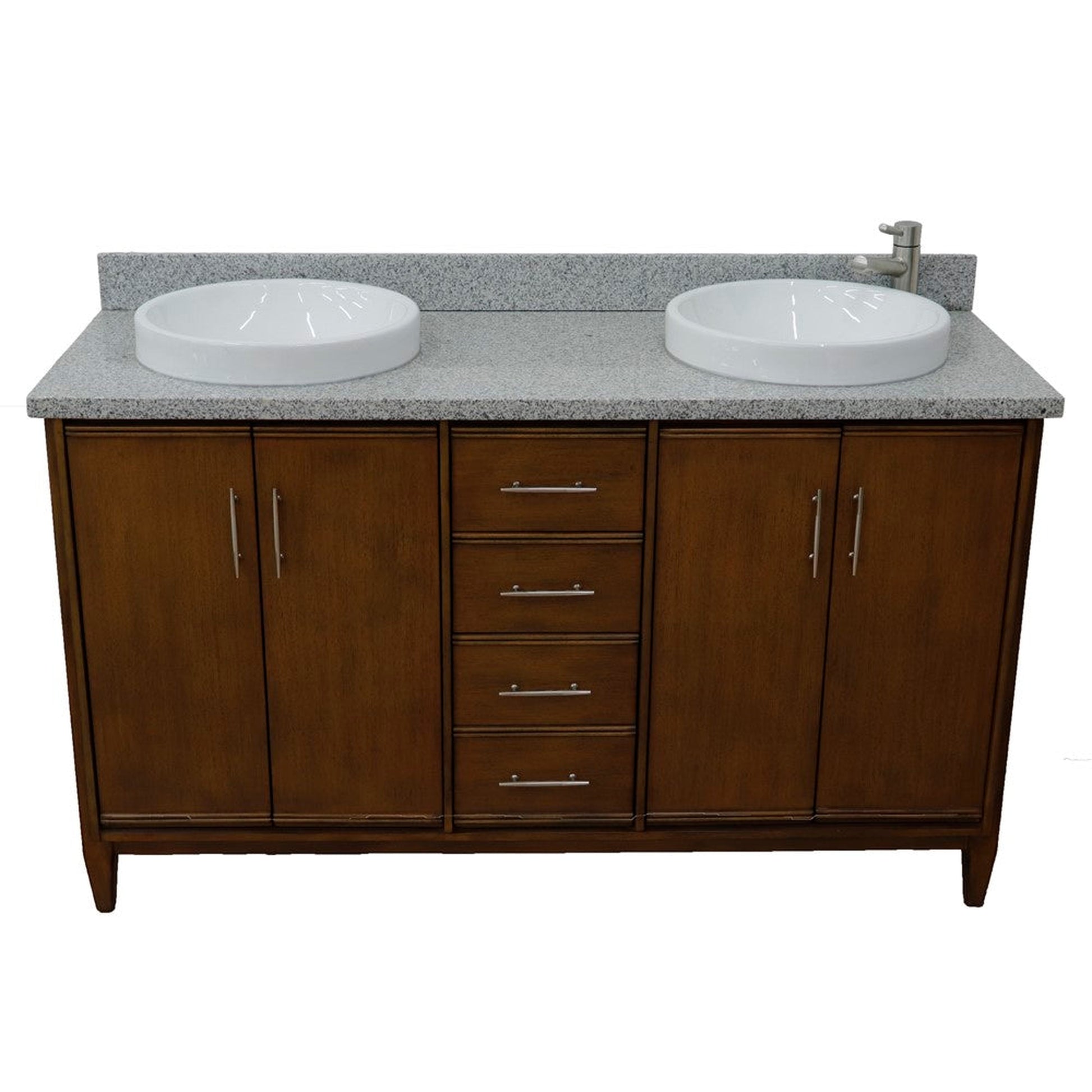 Bellaterra Home MCM 61" 4-Door 3-Drawer Walnut Freestanding Vanity Set With Ceramic Double Vessel Sink and Gray Granite Top