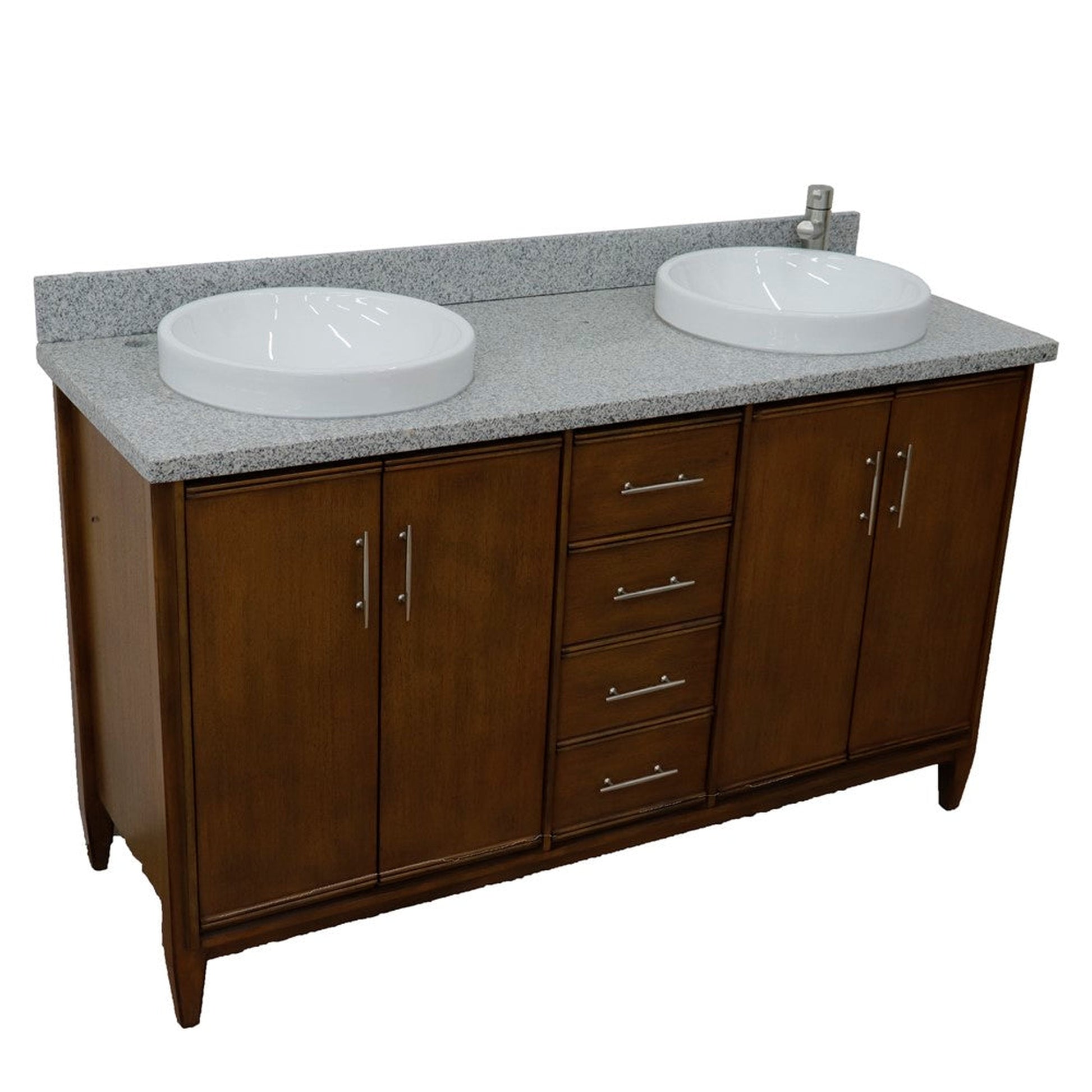 Bellaterra Home MCM 61" 4-Door 3-Drawer Walnut Freestanding Vanity Set With Ceramic Double Vessel Sink and Gray Granite Top