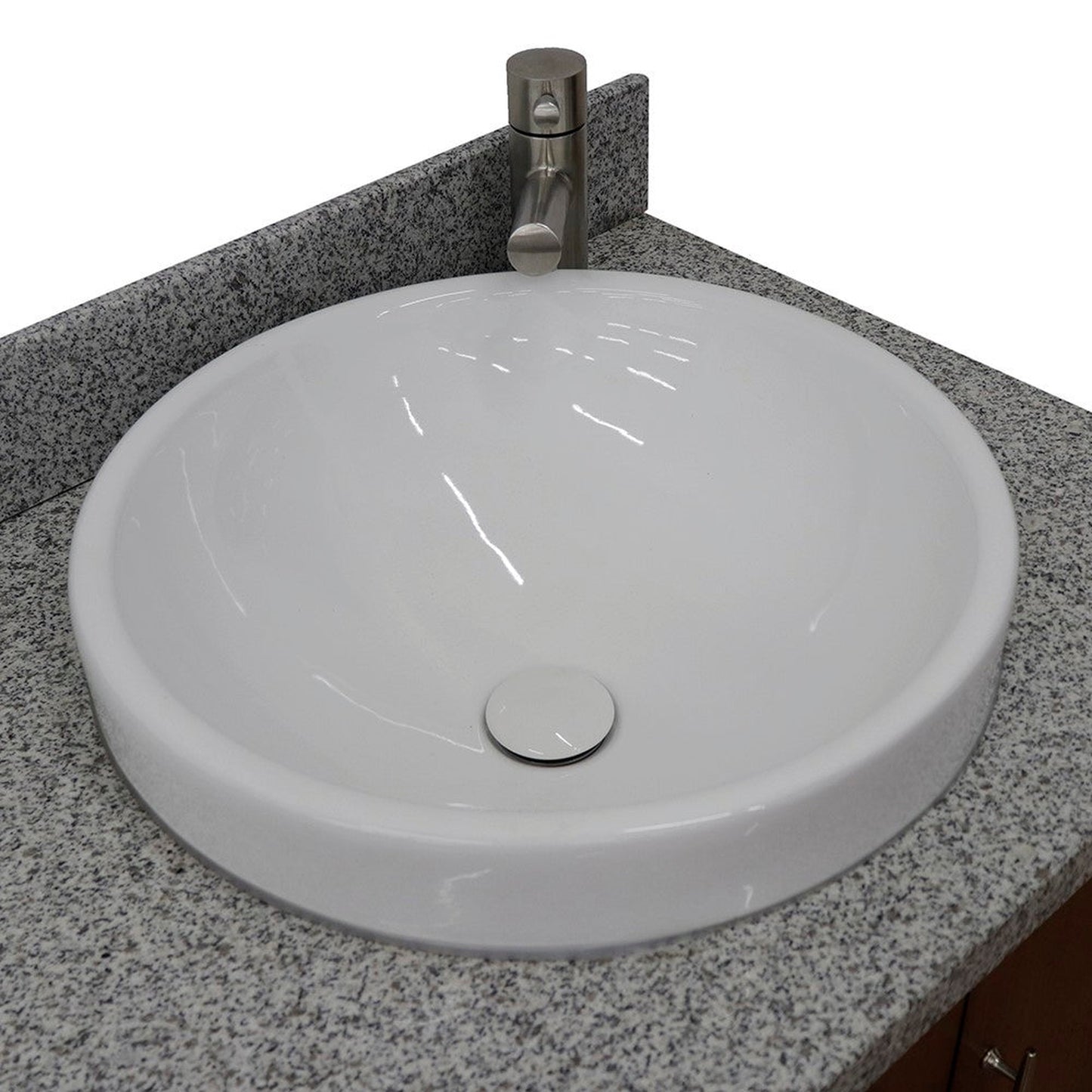 Bellaterra Home MCM 61" 4-Door 3-Drawer Walnut Freestanding Vanity Set With Ceramic Double Vessel Sink and Gray Granite Top