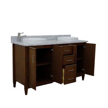 Bellaterra Home MCM 61" 4-Door 3-Drawer Walnut Freestanding Vanity Set With Ceramic Double Vessel Sink and White Carrara Marble Top