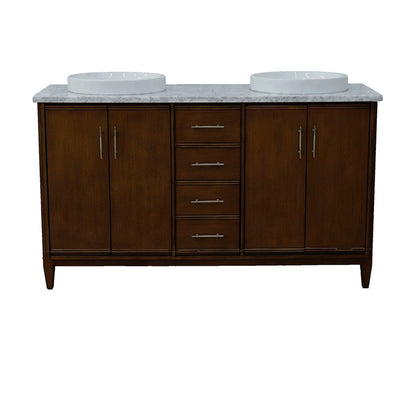 Bellaterra Home MCM 61" 4-Door 3-Drawer Walnut Freestanding Vanity Set With Ceramic Double Vessel Sink and White Carrara Marble Top