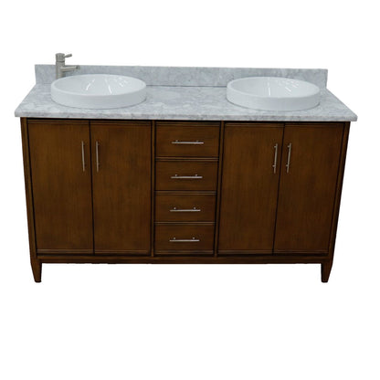 Bellaterra Home MCM 61" 4-Door 3-Drawer Walnut Freestanding Vanity Set With Ceramic Double Vessel Sink and White Carrara Marble Top