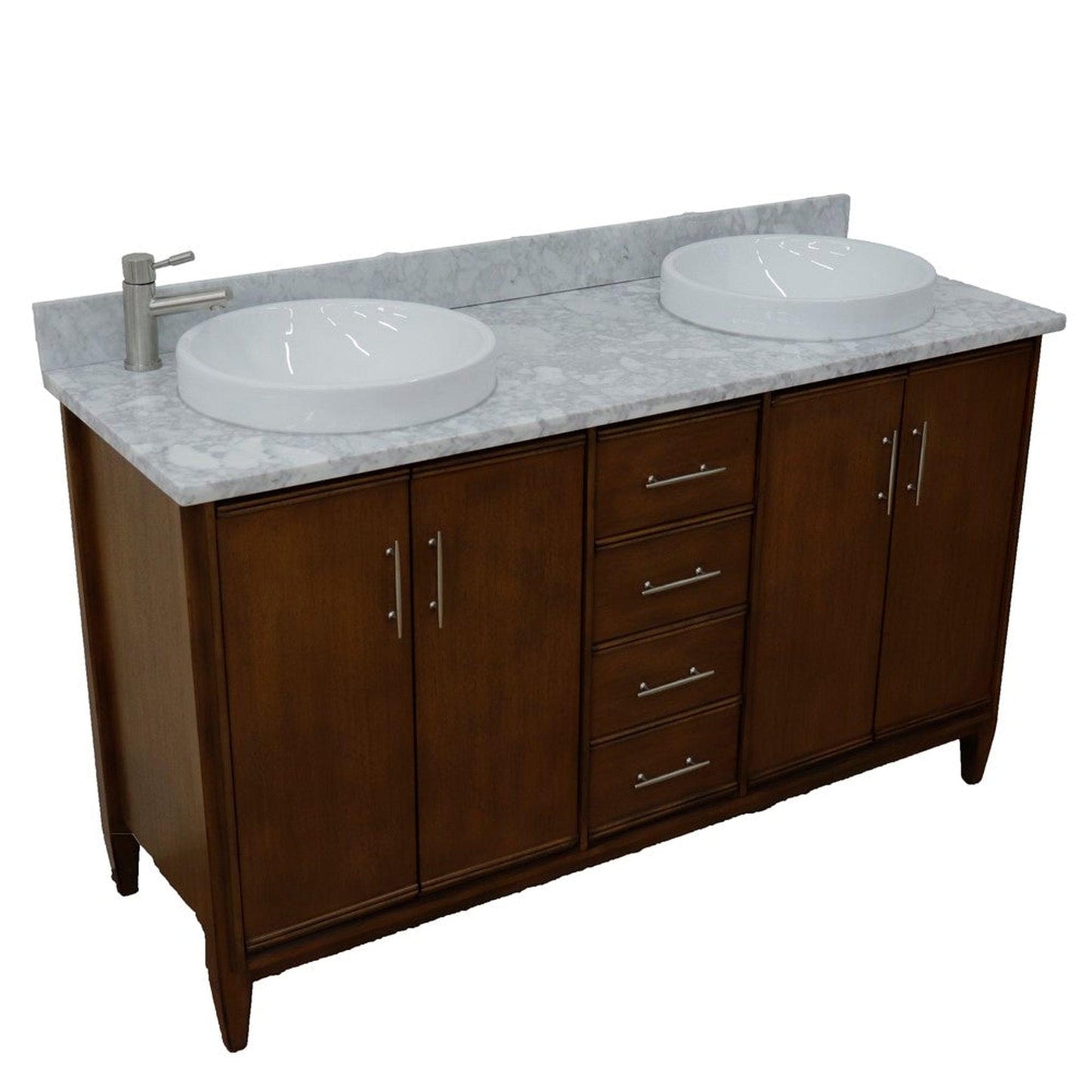 Bellaterra Home MCM 61" 4-Door 3-Drawer Walnut Freestanding Vanity Set With Ceramic Double Vessel Sink and White Carrara Marble Top