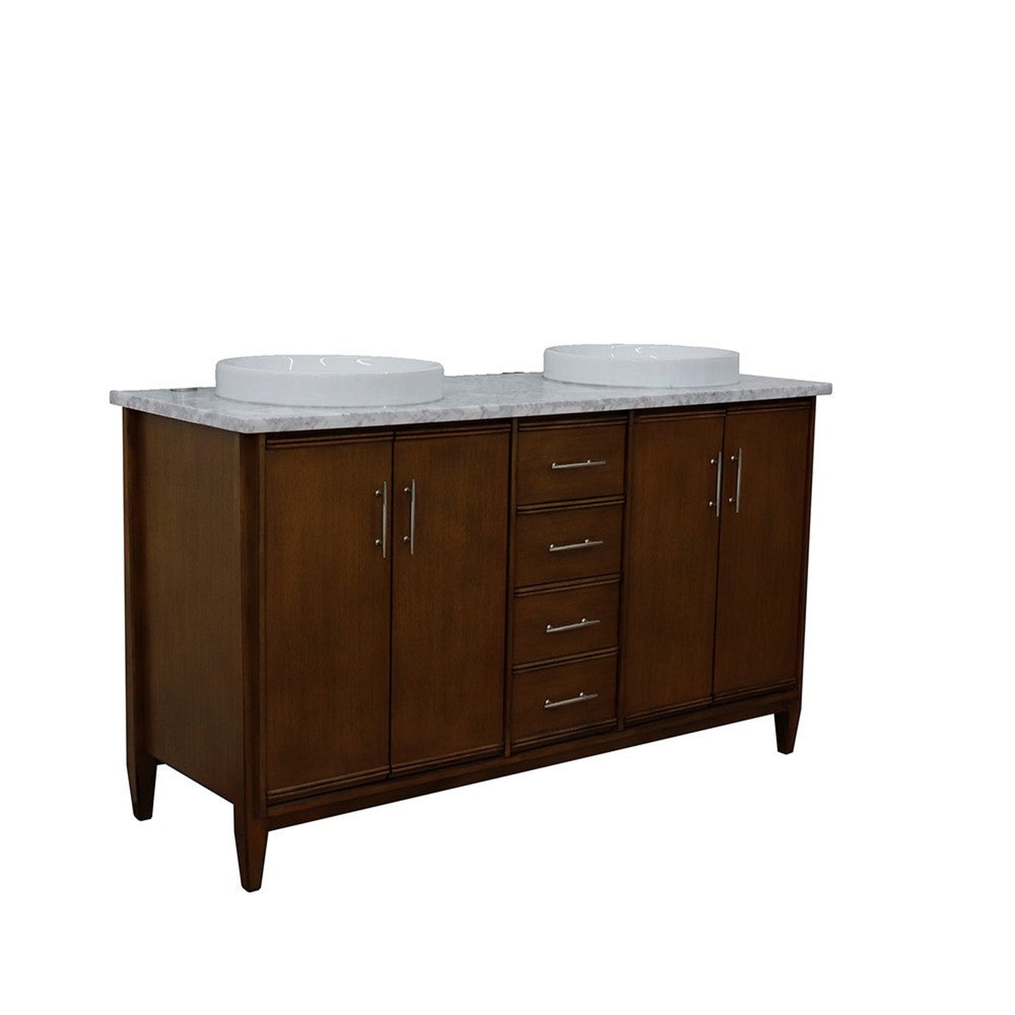 Bellaterra Home MCM 61" 4-Door 3-Drawer Walnut Freestanding Vanity Set With Ceramic Double Vessel Sink and White Carrara Marble Top