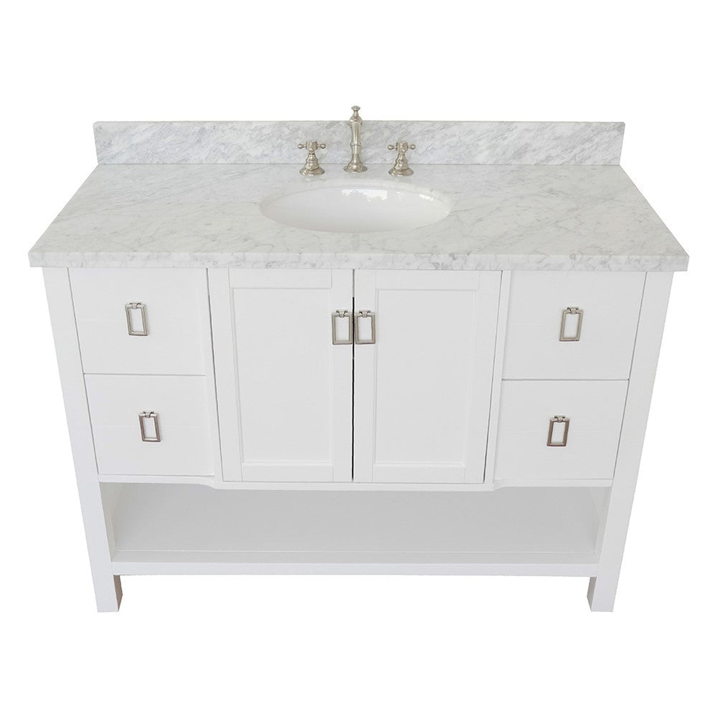 Bellaterra Home Monterey 49" 2-Door 4-Drawer White Freestanding Vanity Set With Ceramic Undermount Oval Sink and White Carrara Marble Top